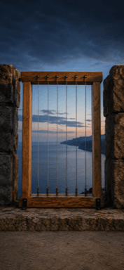 Vertical strings stretch across a wooden frame in a stone opening overlooking the sea.