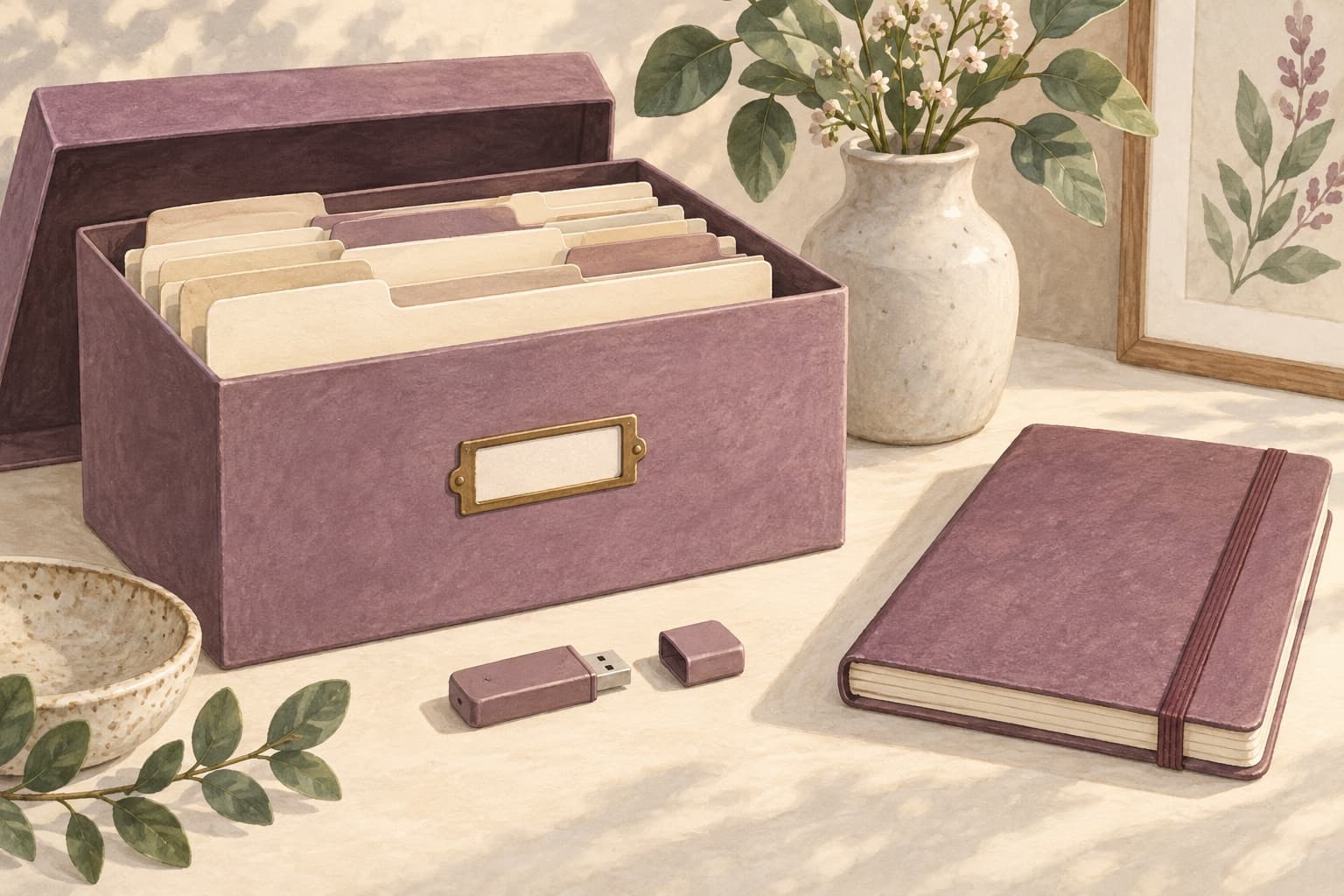 An archive box of folders beside a removable drive and notebook represents keeping copies of records.