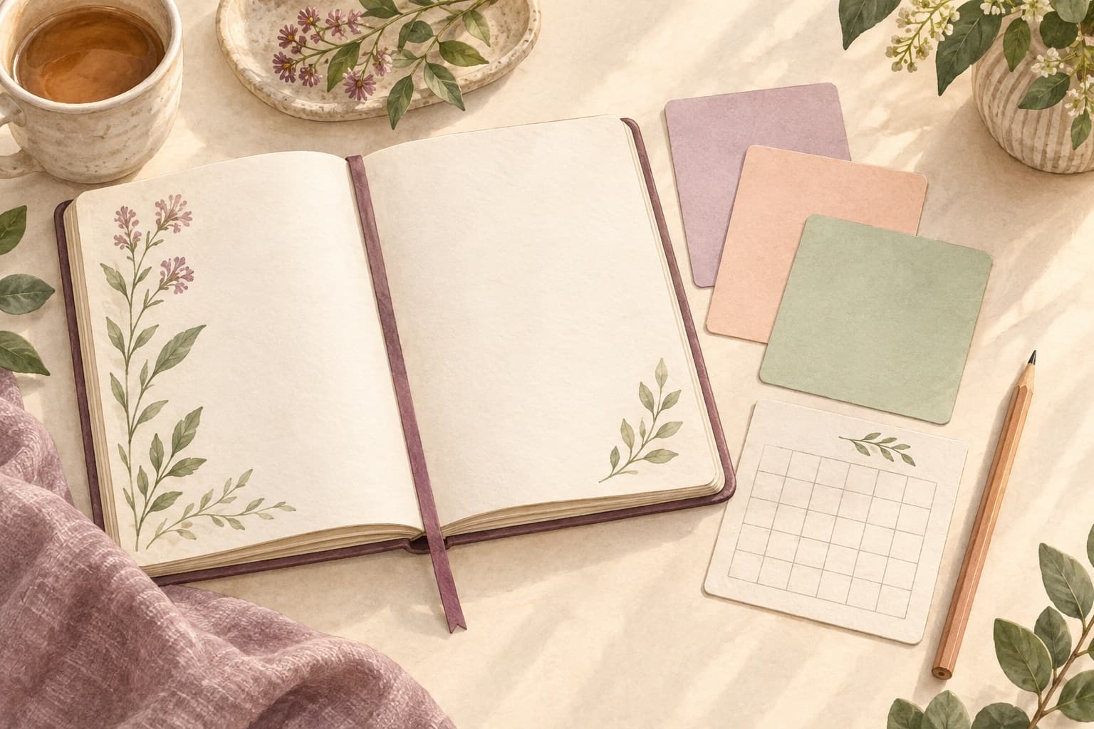 An open journal beside separate blank coloured cards and a calendar represents optional daily observations.