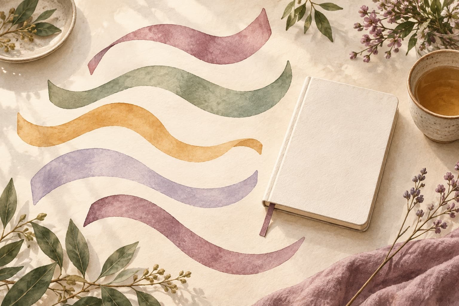 Unequal coloured ribbons with gaps beside a journal represent variable rhythms. This artwork is not a cycle diagram or a prediction.