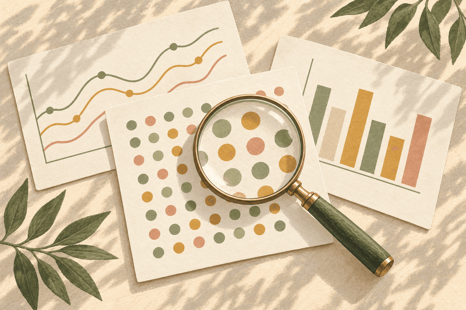 A magnifying glass over coloured patterns beside line and bar charts.