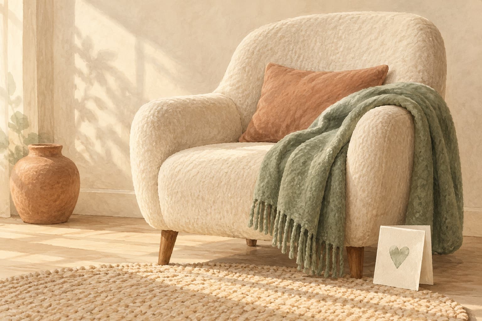 A comfortable armchair, blanket and heart card represent making room for the carer's own wellbeing.