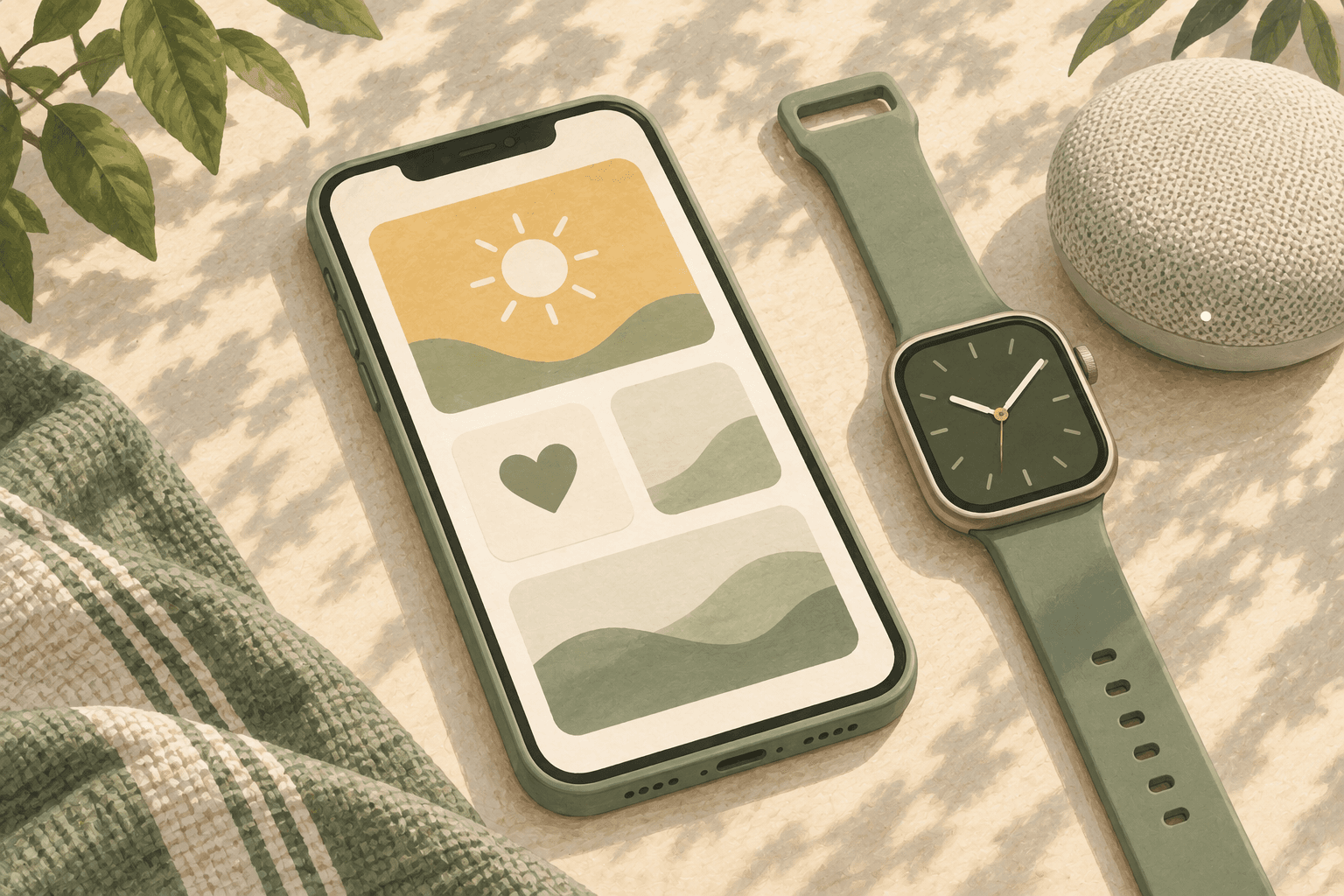 A phone with widgets beside a smartwatch and a small speaker.
