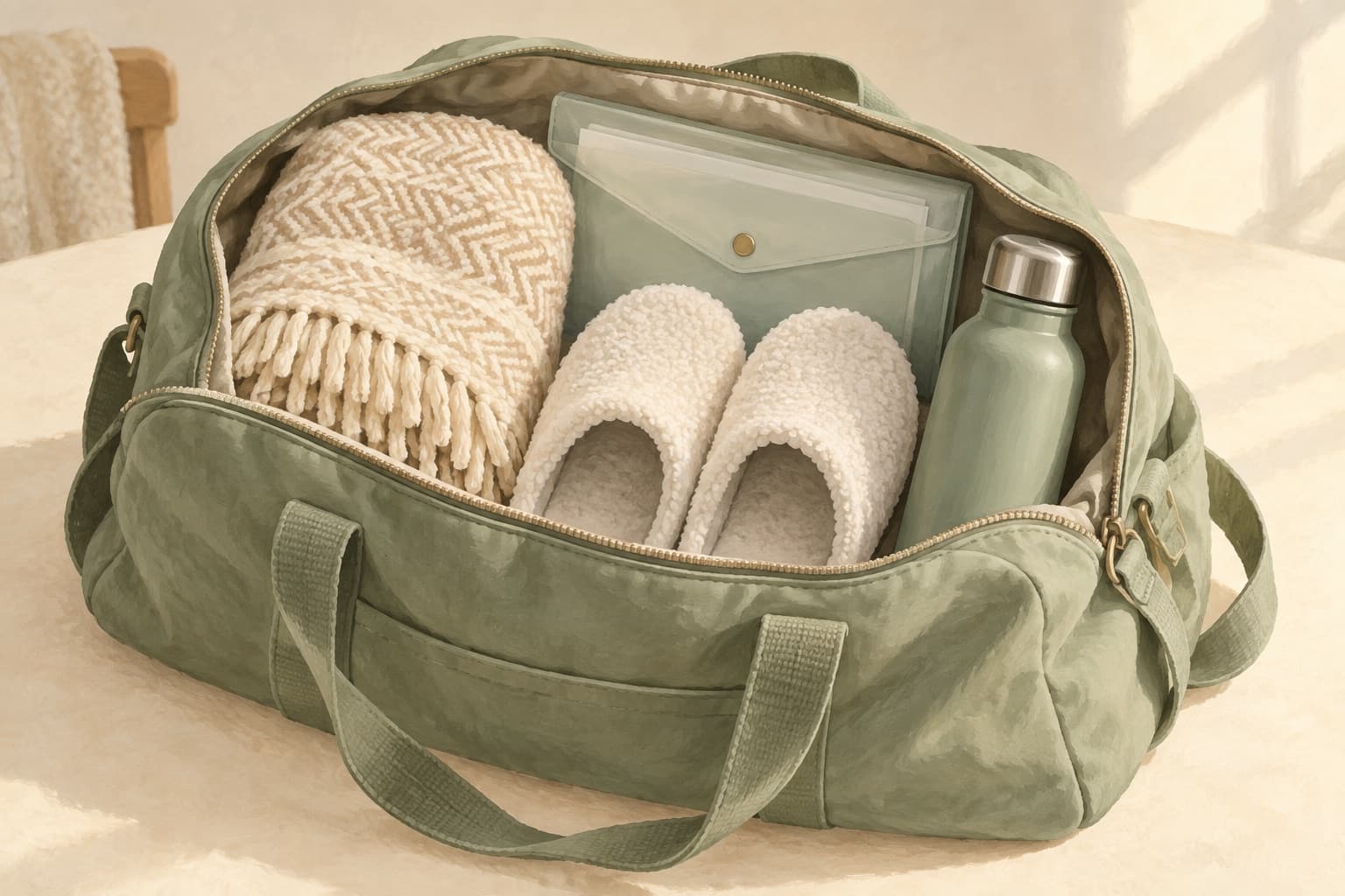 An overnight bag holds a blanket, document folder, slippers and water bottle, representing preparation for a hospital visit.
