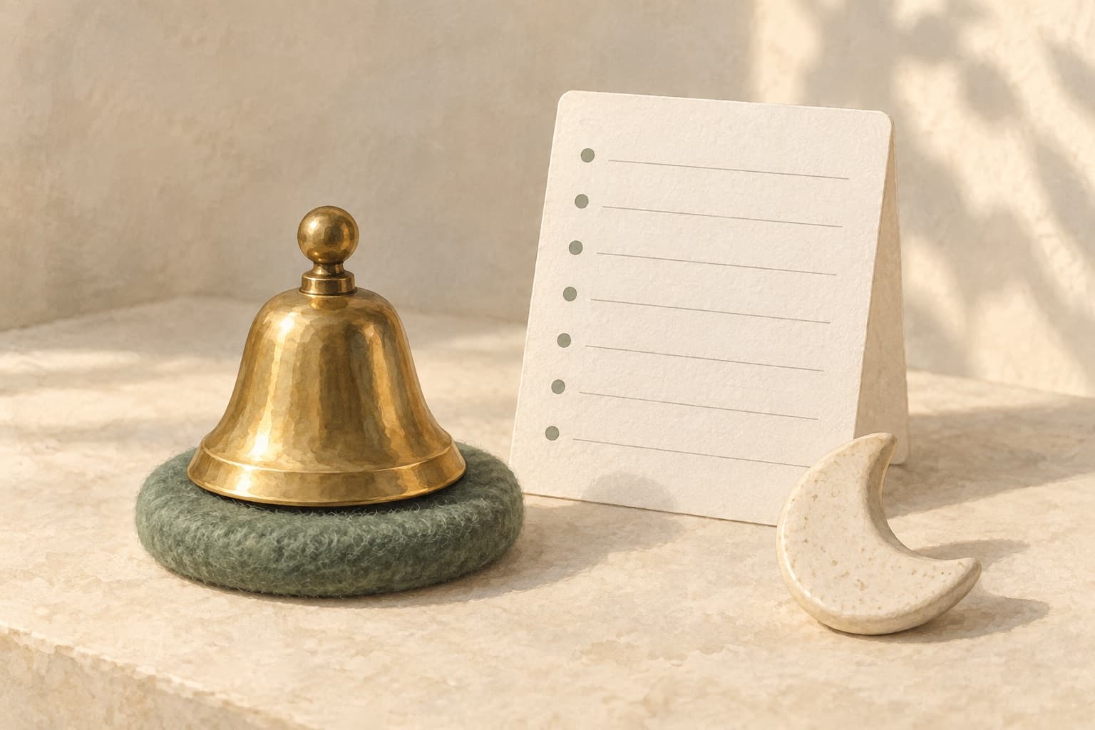A bell rests on a soft cushion beside a schedule card and moon, representing deliberate reminders and quiet time.
