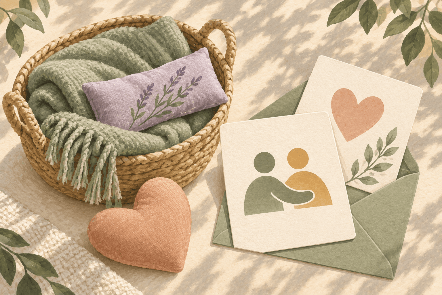 Support cards beside a basket with a soft blanket, eye pillow and heart cushion.