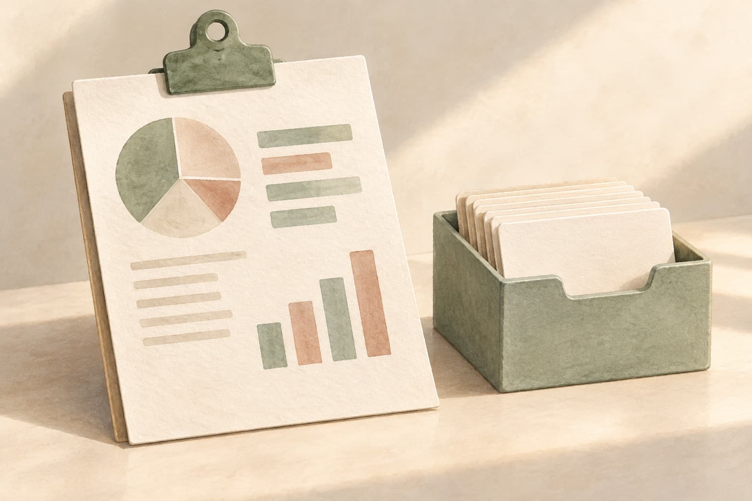 A report with abstract charts sits beside a separate box of cards: a summary and a backup serve different purposes.
