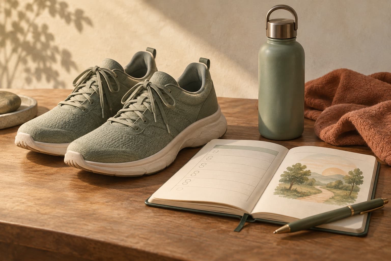 Comfortable shoes and a water bottle beside an open journal.