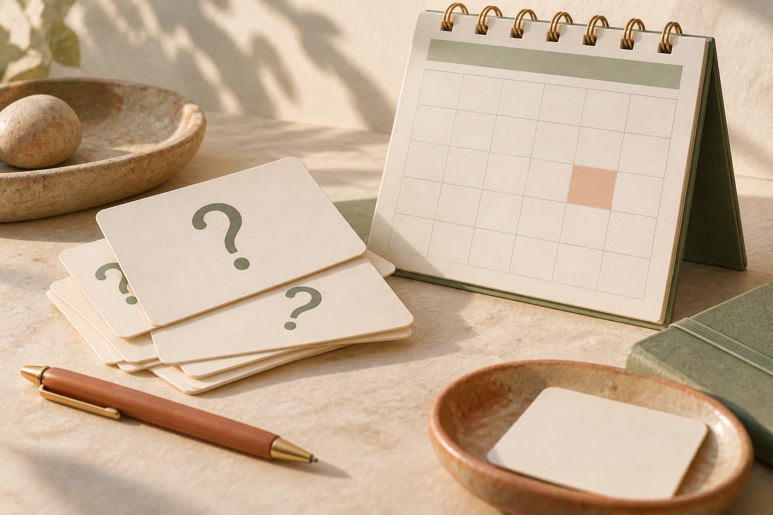 Question cards beside a calendar with one highlighted square.