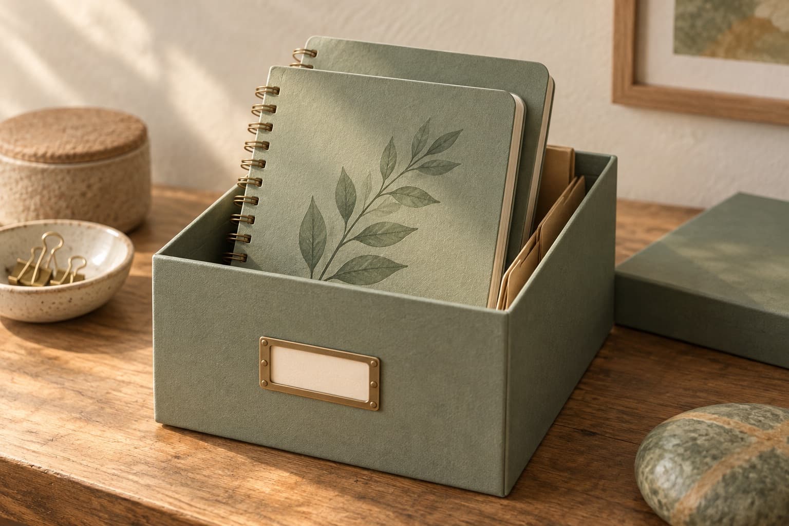 Two similar notebooks stored with folders in a file box.