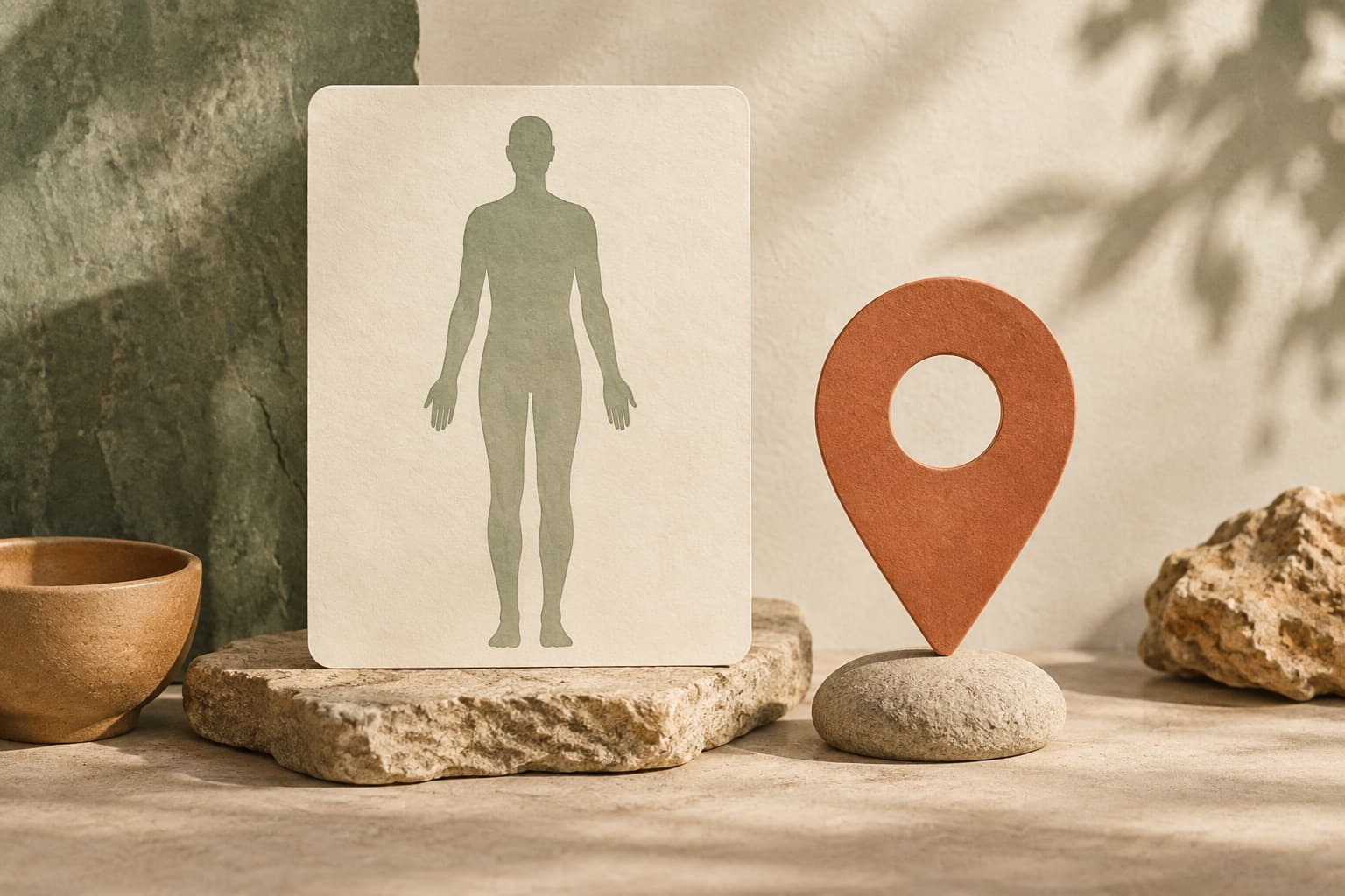 A neutral body silhouette beside a separate clay-coloured location marker.