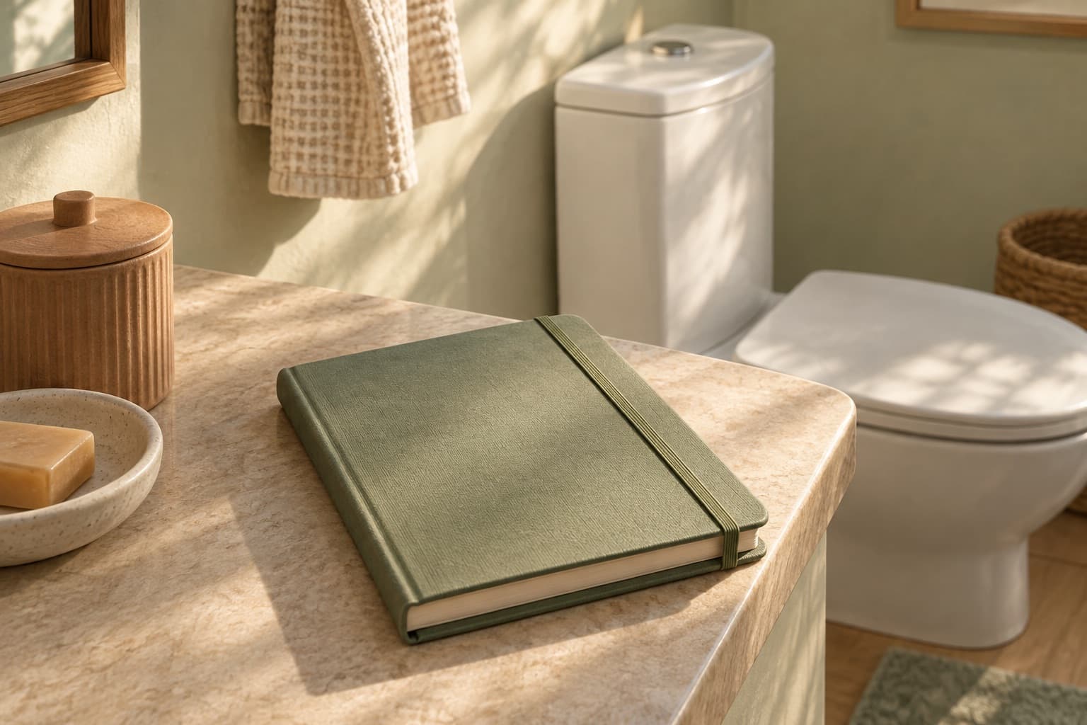 A closed journal on a bathroom counter with a toilet in the background.