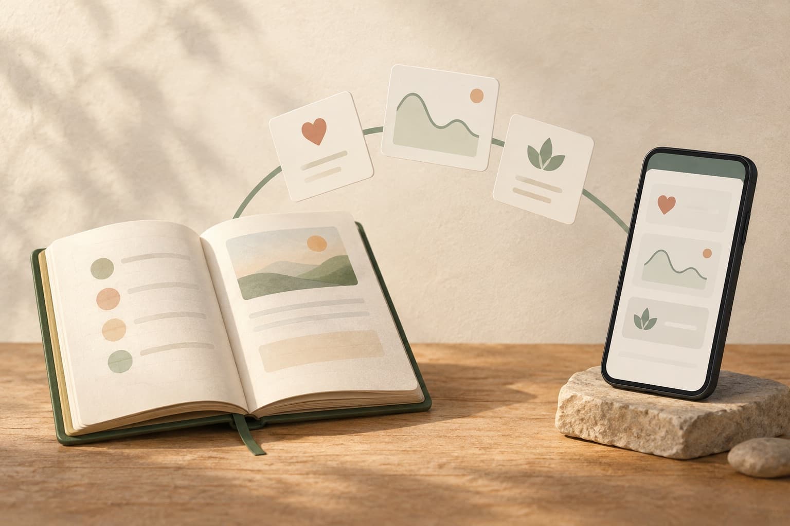 Illustrative summary cards connect a paper journal with a phone.