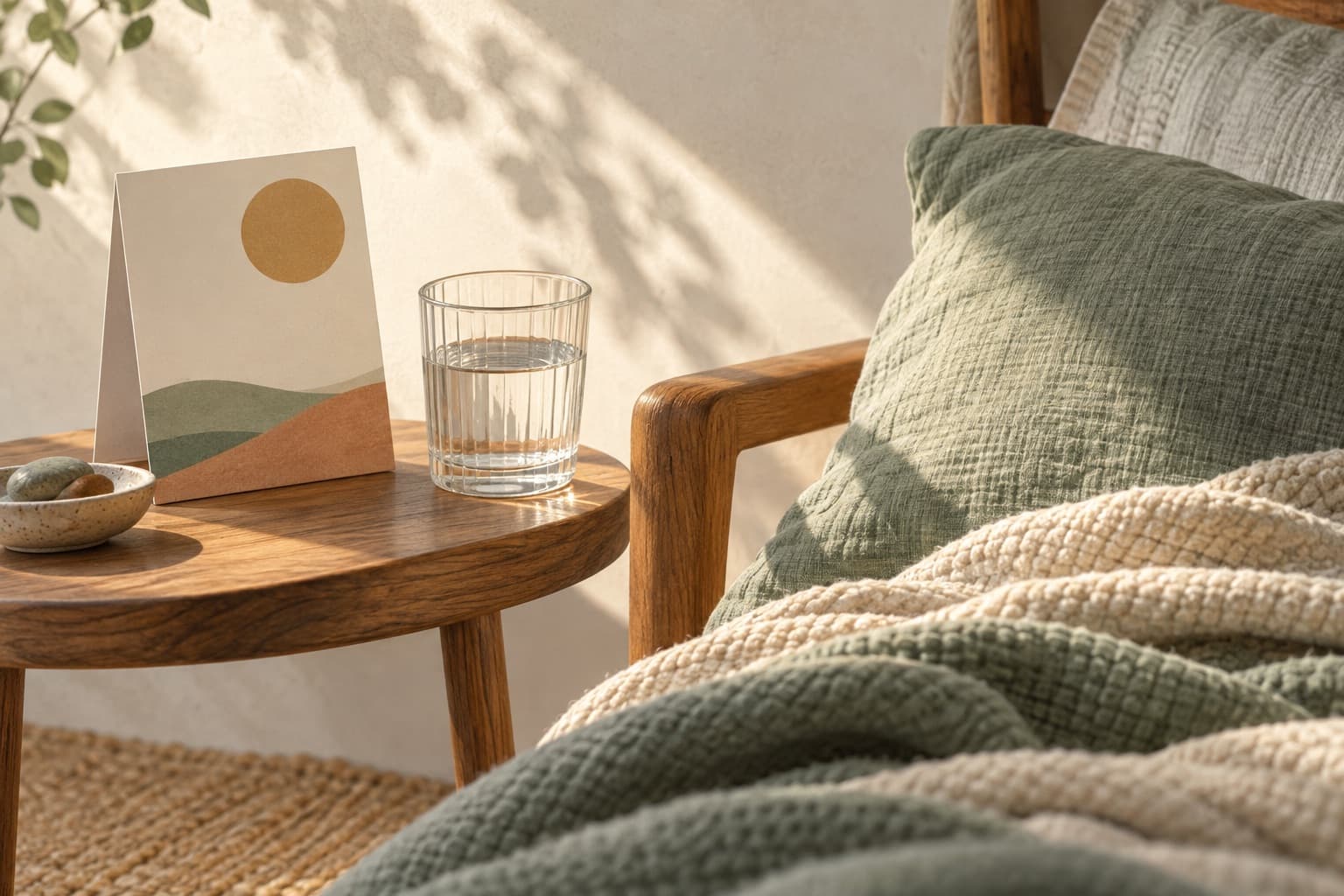 A cushioned resting chair with a blanket beside water and a day card.