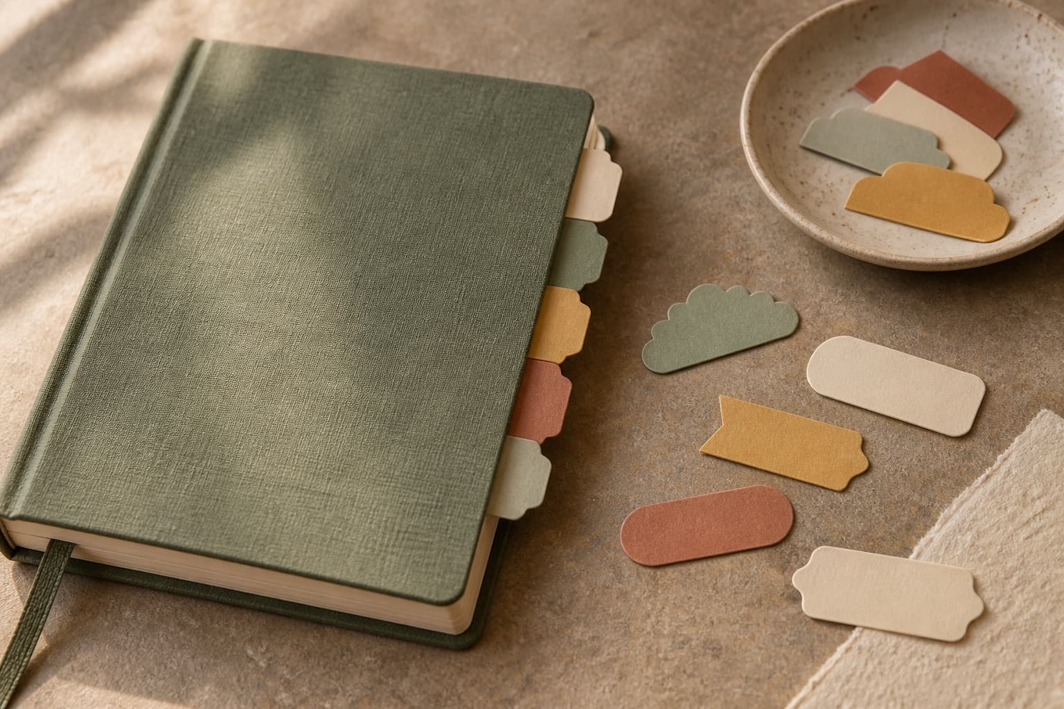 A journal with different shaped tabs and loose blank labels.