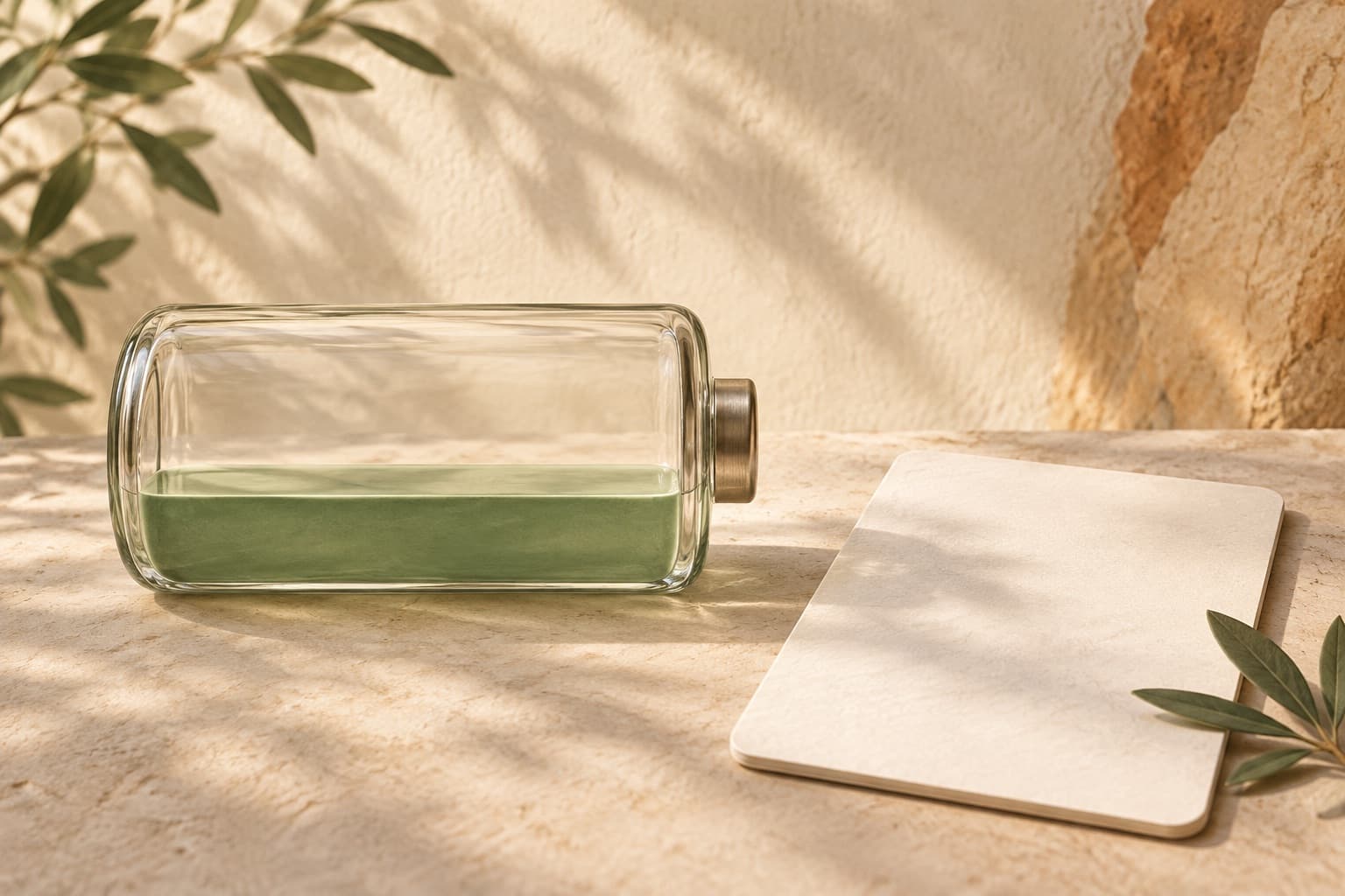 A transparent battery-shaped vessel with a low green fill beside a blank card.