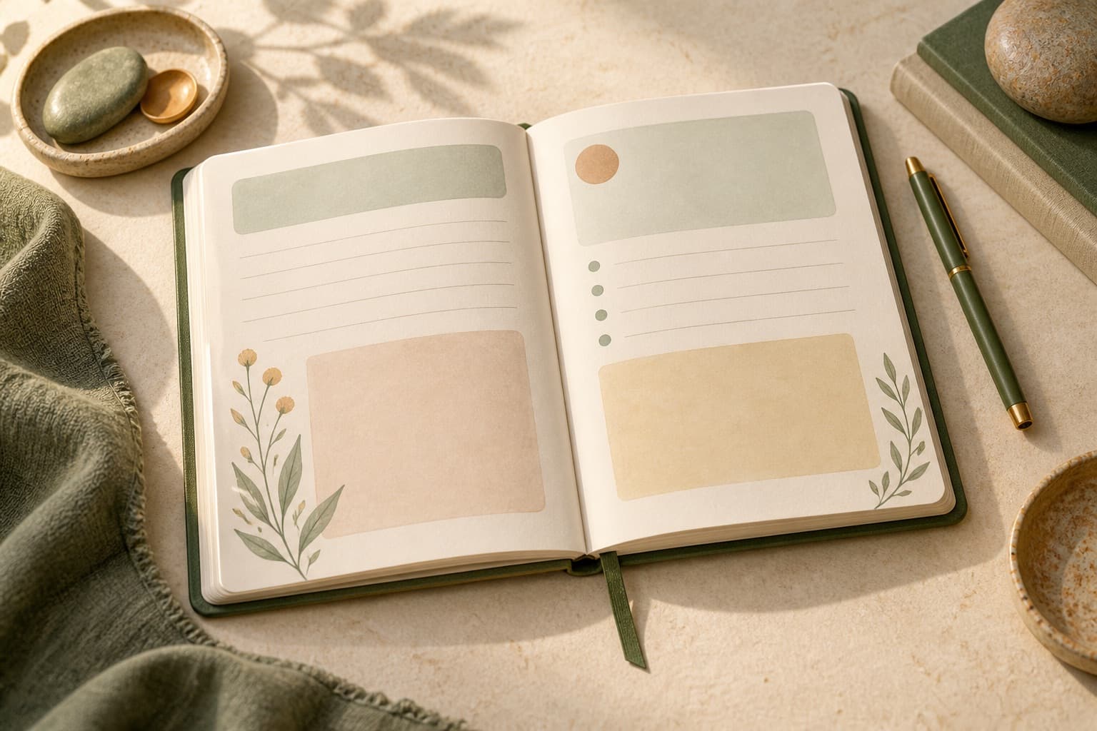 An open journal with separate coloured spaces and lines for different details.
