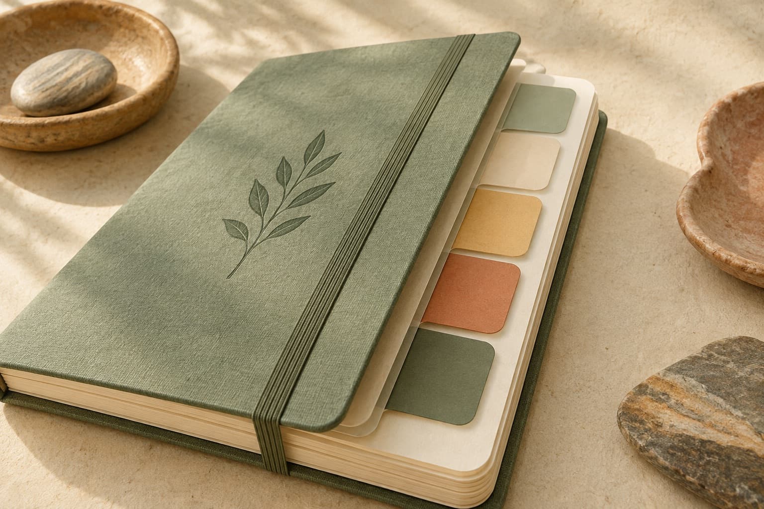 A sage journal with several coloured section dividers.