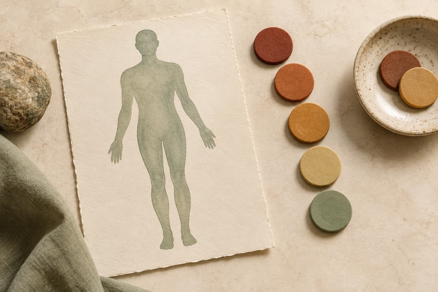 A neutral body silhouette beside five coloured severity tokens.