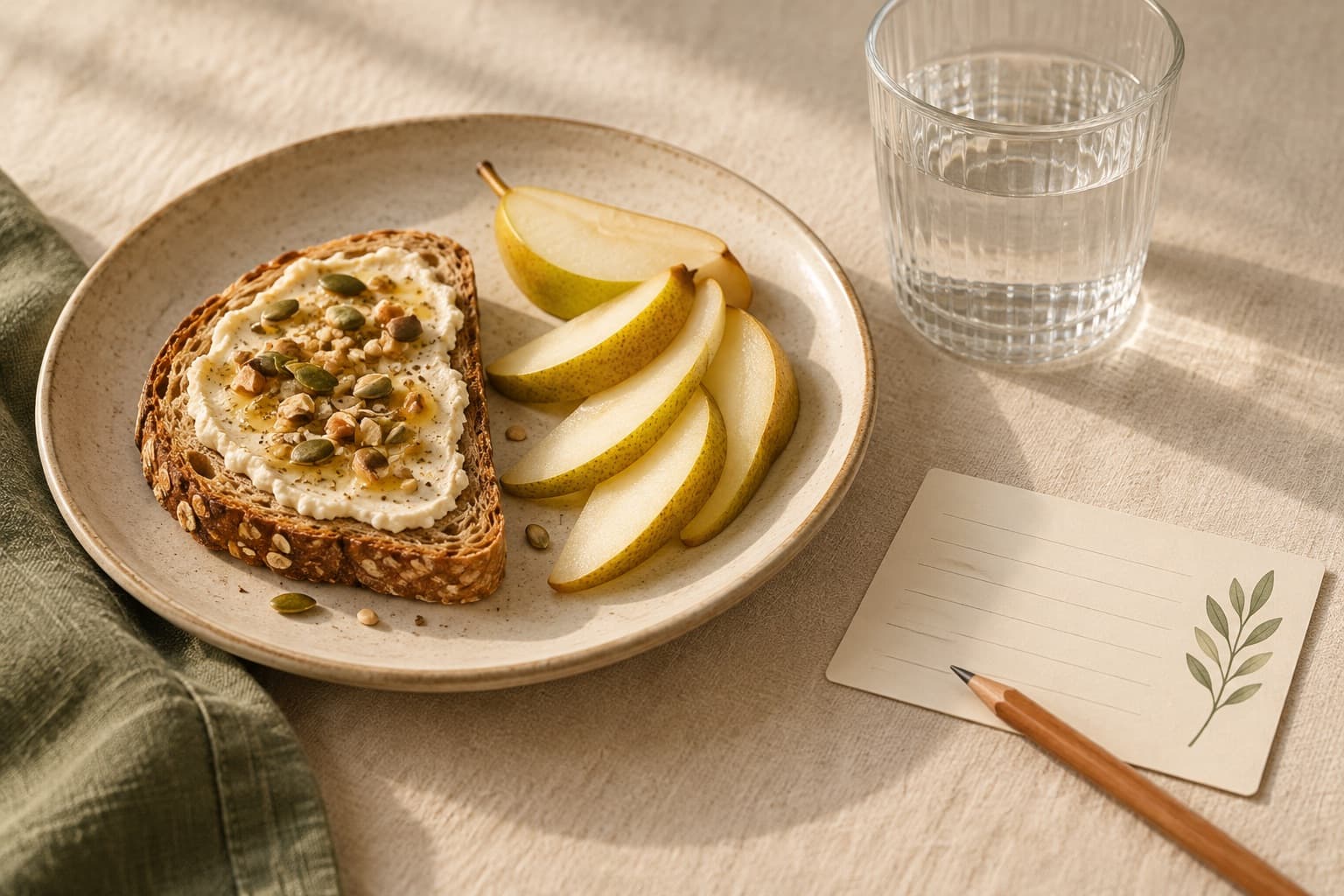 A plate of toast and pear, a glass of water and a blank record card with a pencil.
