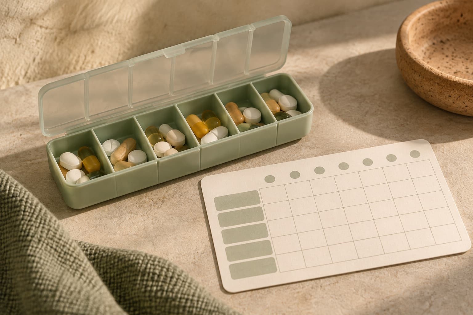 An unlabelled medication organiser beside a blank tracking card.