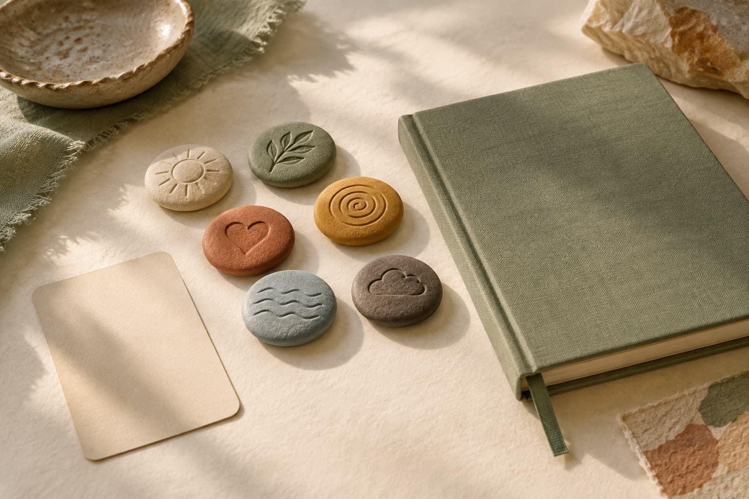 Six textured tokens with different symbols beside a journal and blank card.