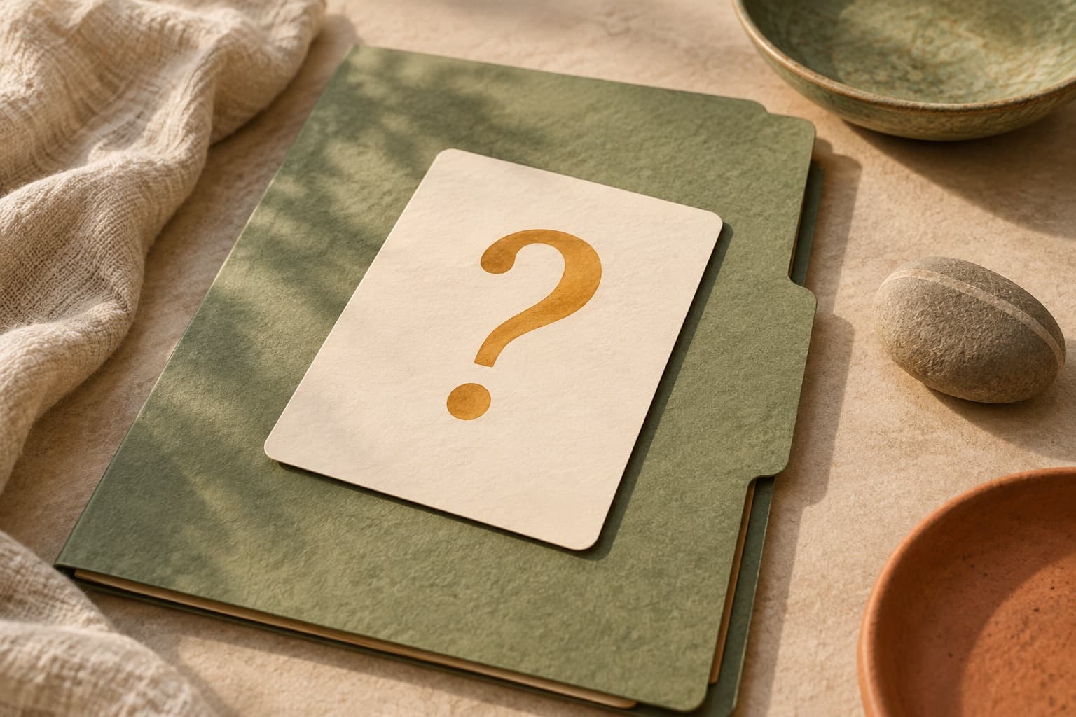 A single question card resting on a folder.