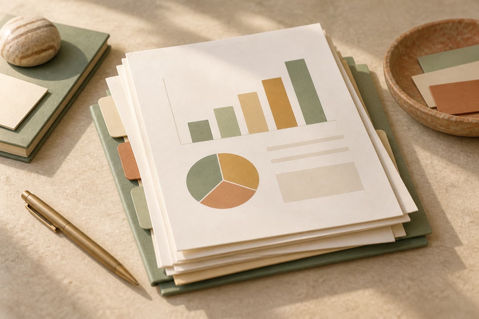 Organised report pages with an illustrative bar chart and pie chart.