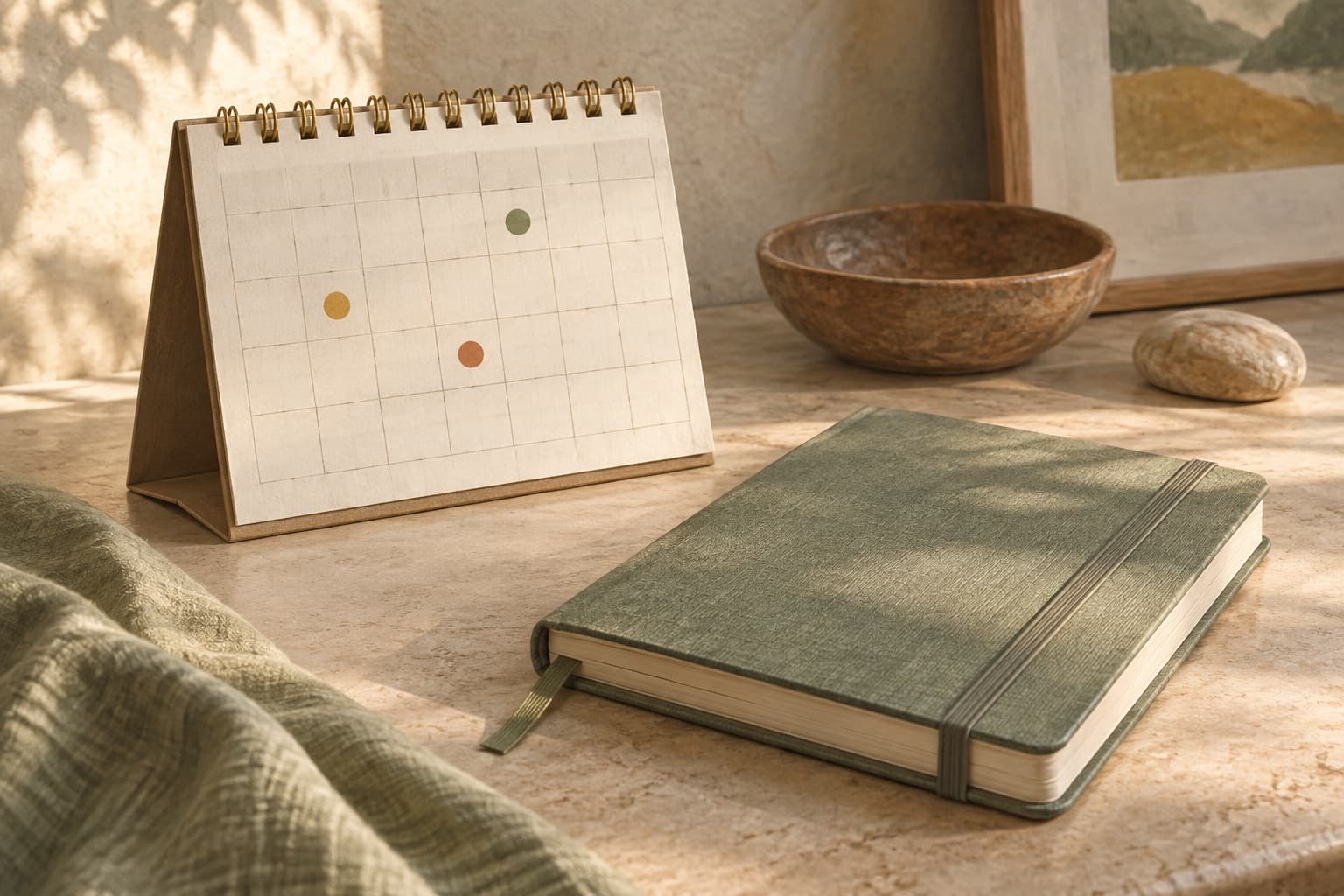 A calendar with three coloured dots beside a closed journal.