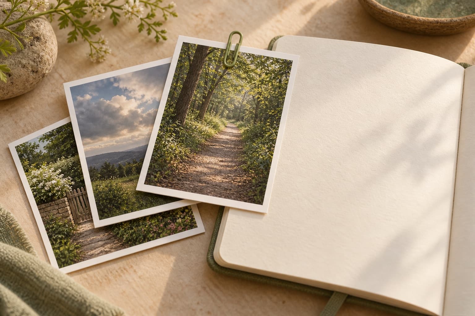 Three landscape photographs clipped beside an open journal page.