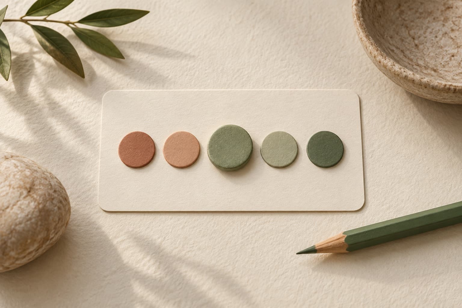 Five coloured rating tokens on a card, with the middle token raised beside a pencil.