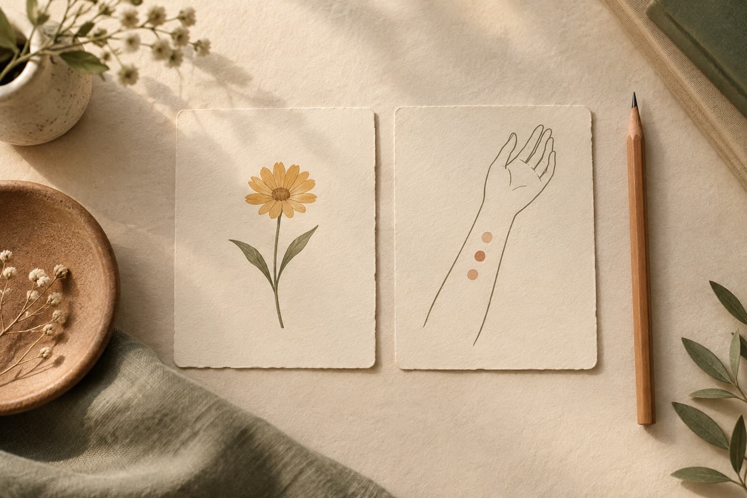 Separate cards show a flower and an arm outline with three small dots.