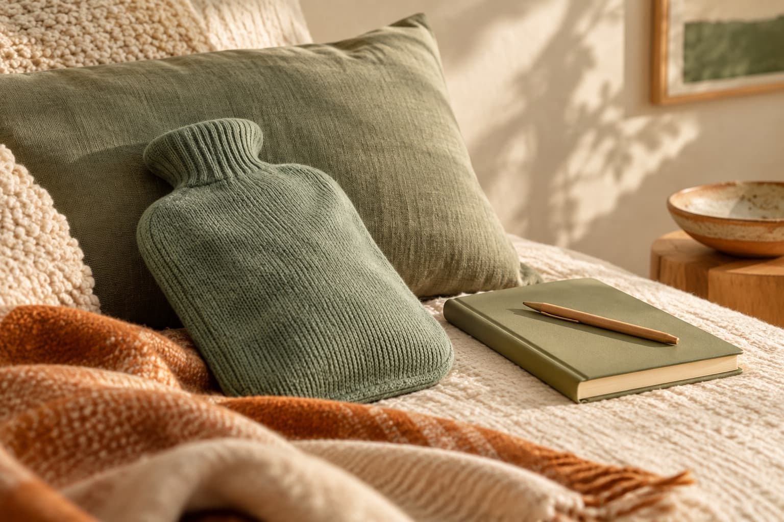 A covered hot-water bottle and cushion beside a closed journal.