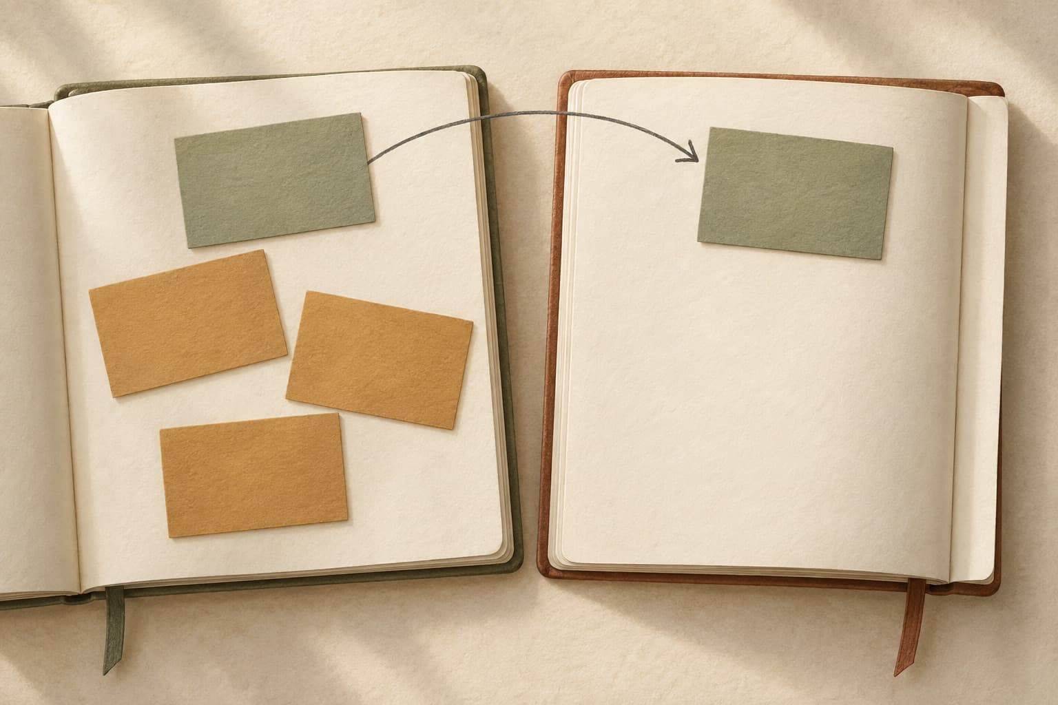 An arrow connects matching green cards in two journals while other cards remain in the first.