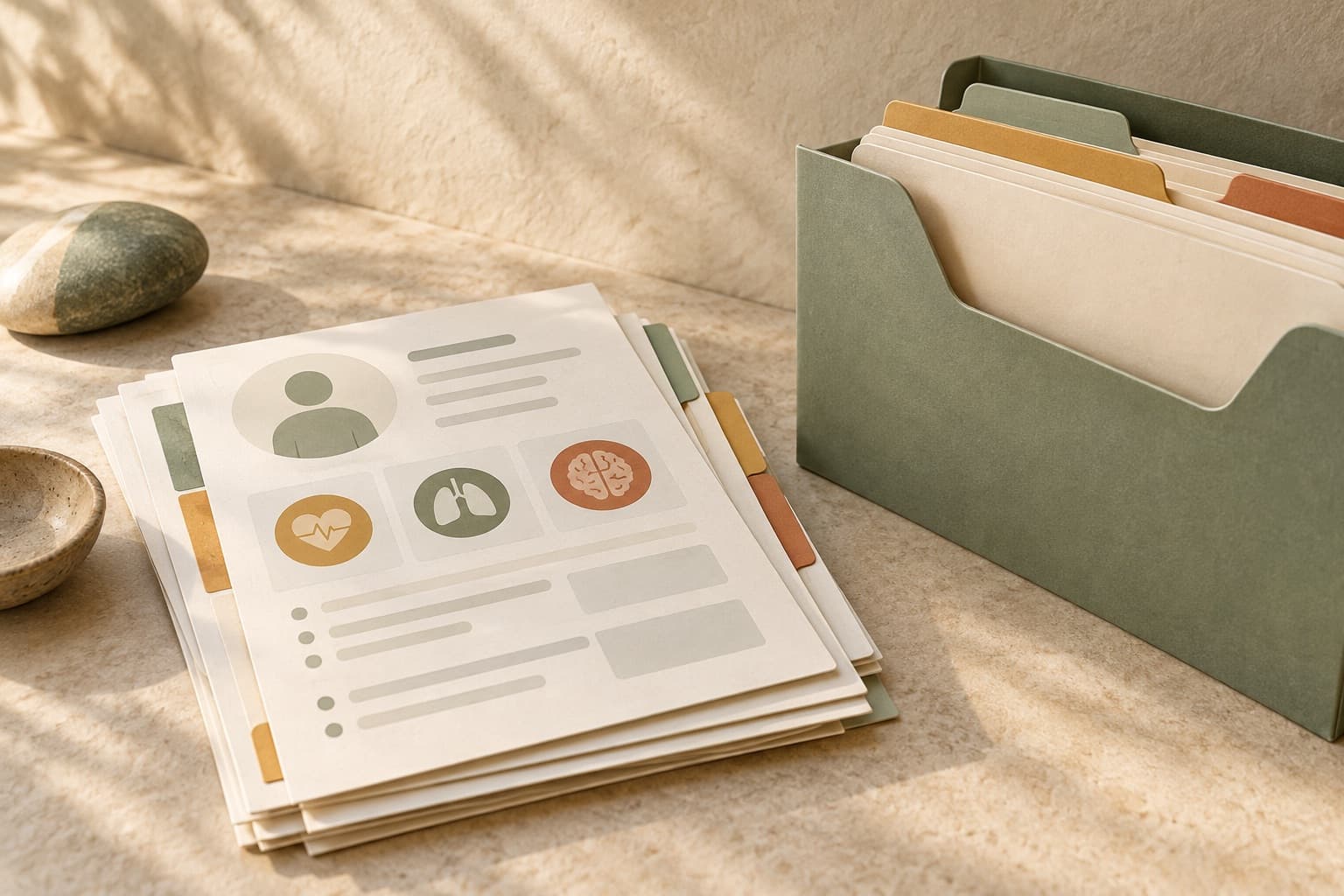 Selected health record pages beside a folder containing other pages.