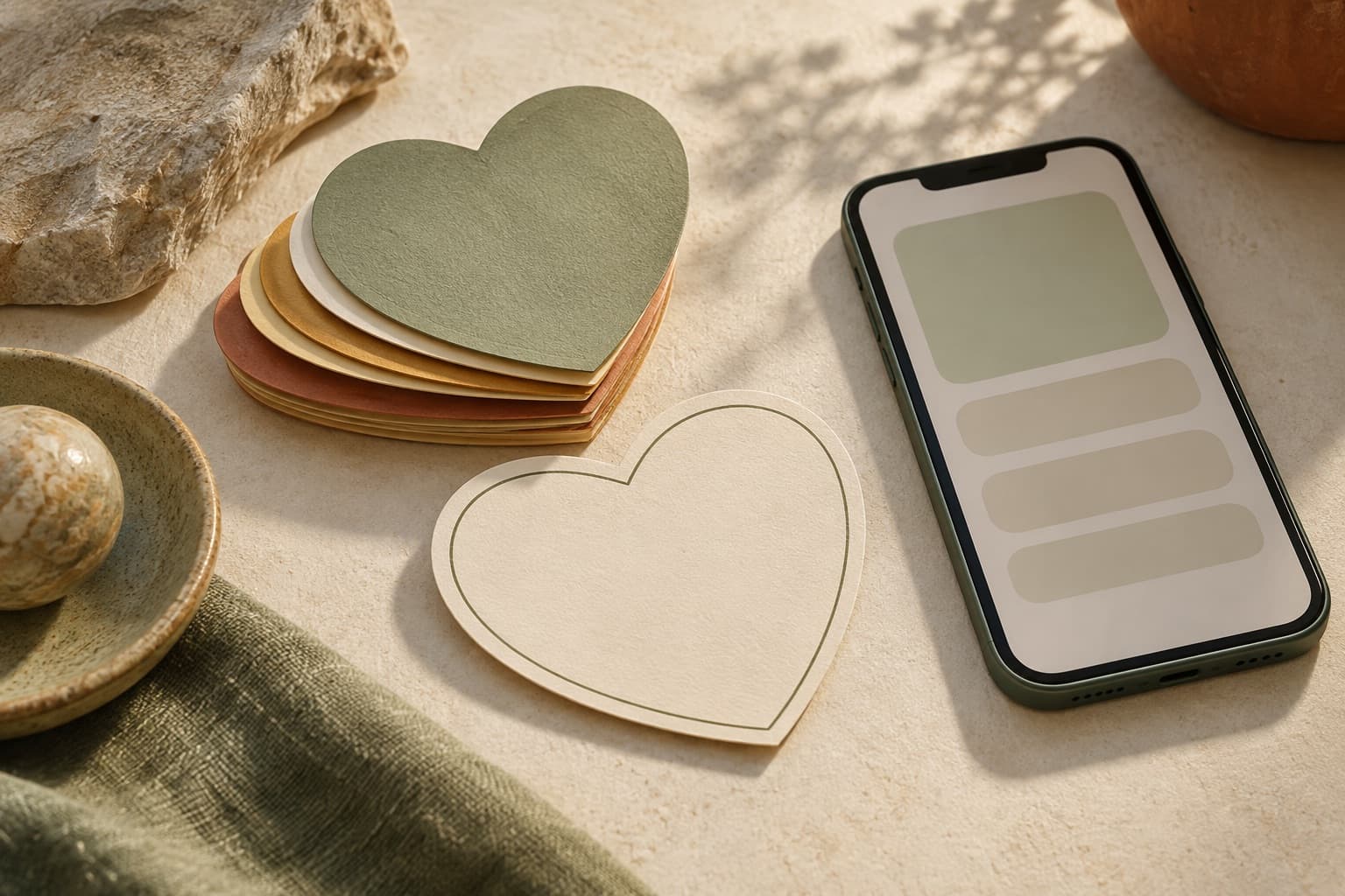 Heart-shaped cards beside a phone with abstract blank panels.