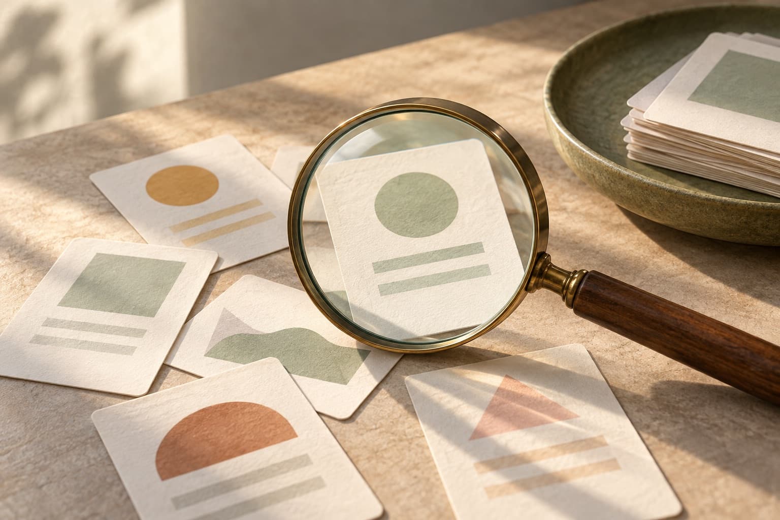 A magnifying glass over one of several abstract record cards.