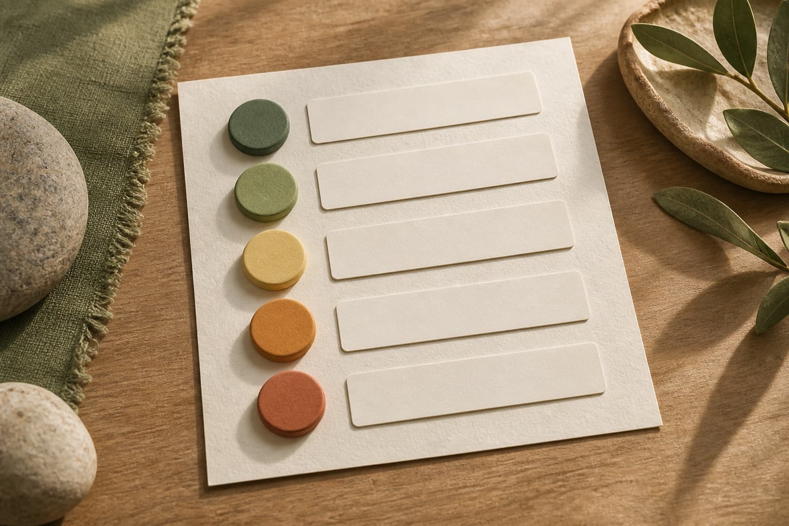 Five coloured rating tokens beside separate blank label strips.
