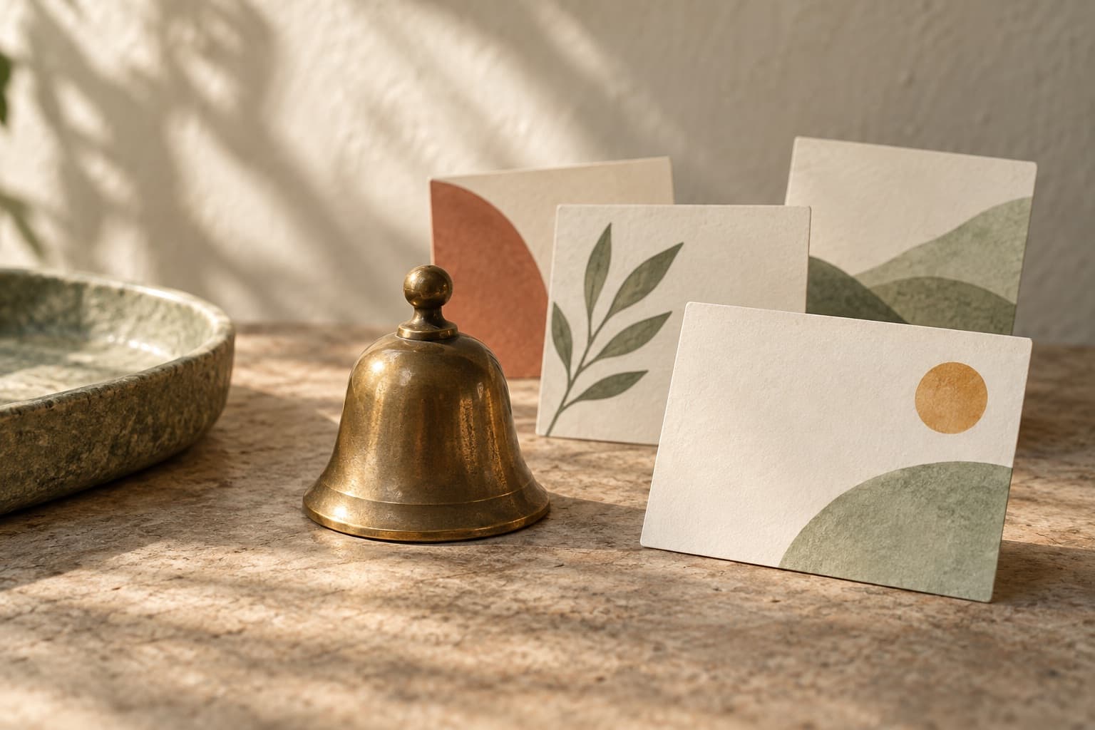 A small brass bell beside several reminder cards.