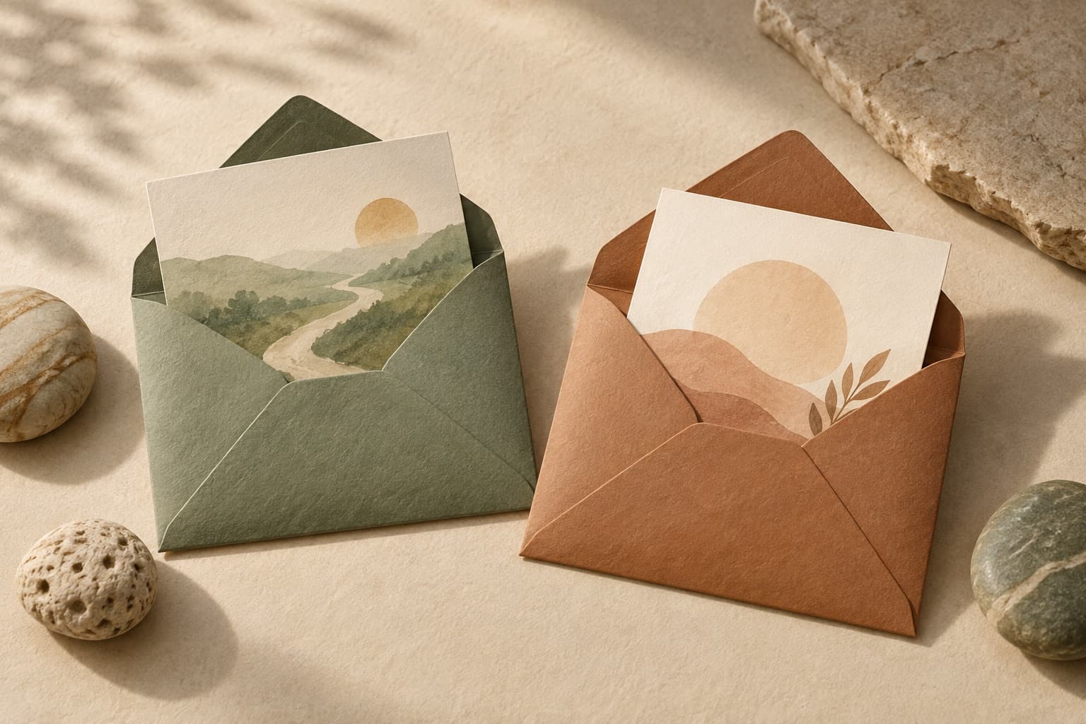 Two different cards placed in separate open envelopes.