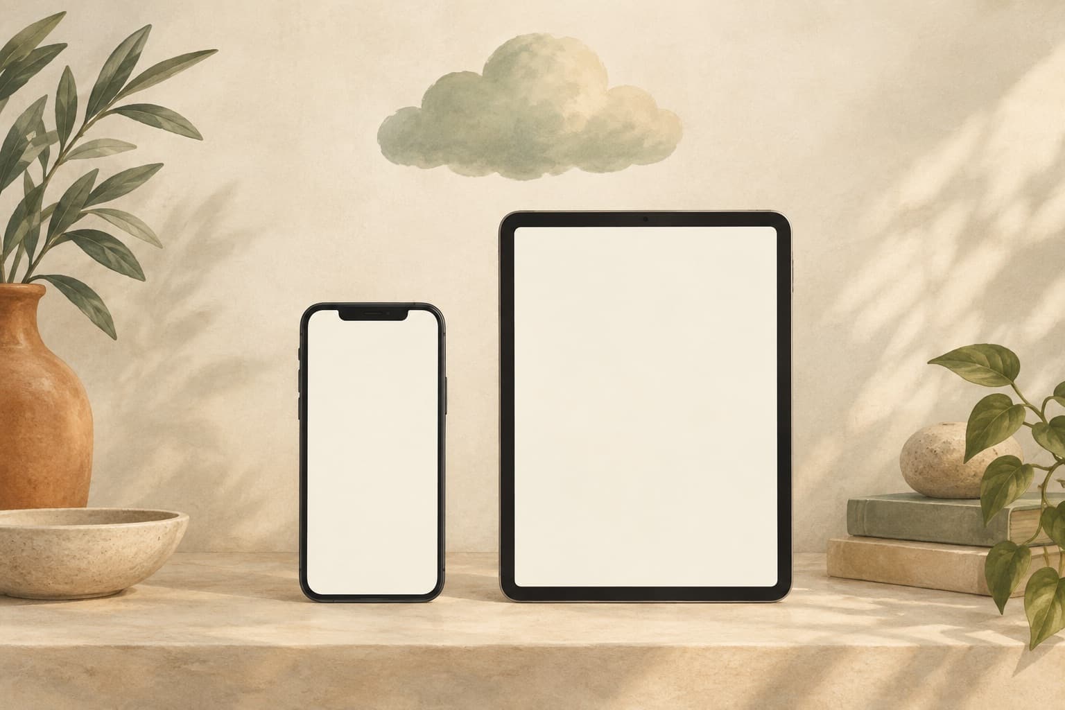 A phone and tablet with blank screens beneath a cloud illustration.