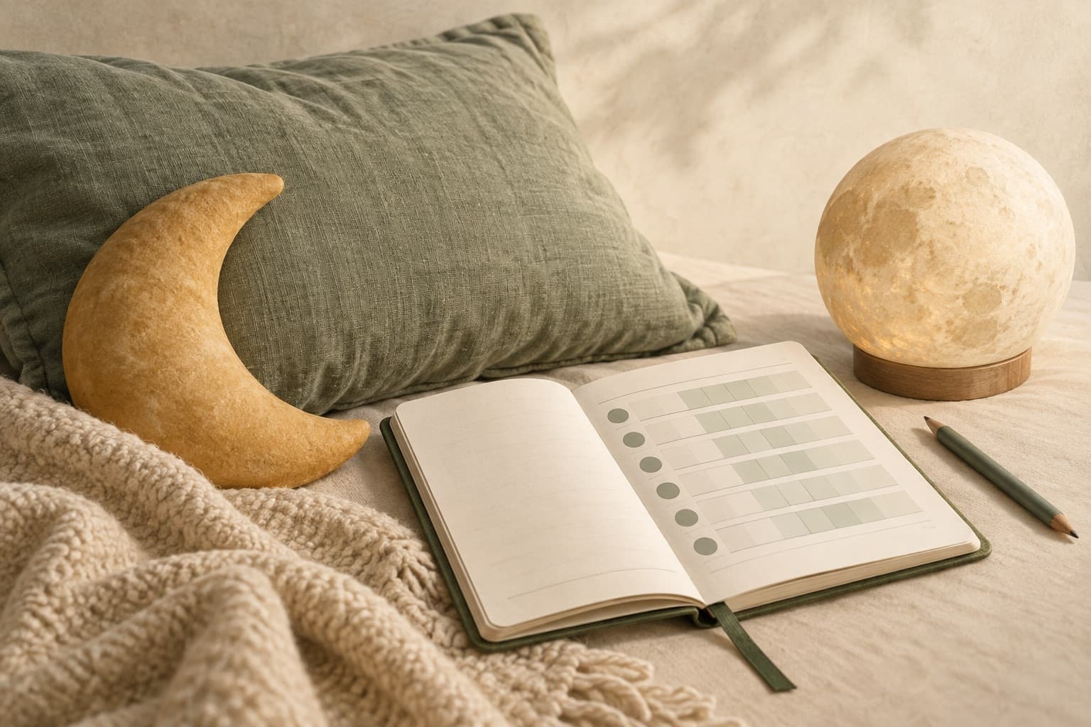 A pillow, crescent cushion and moon lamp beside an open sleep journal.