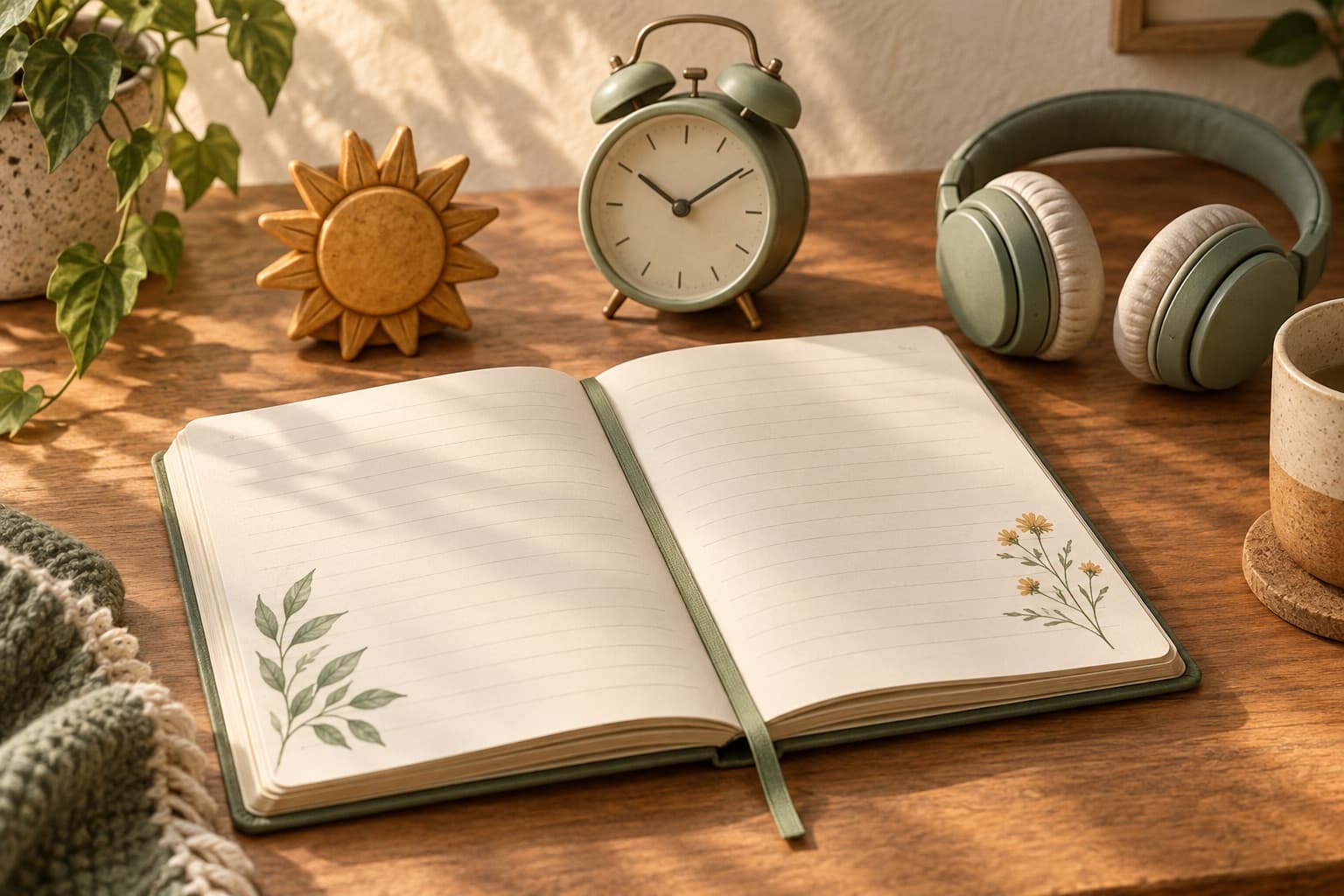An open journal beside a sun token, alarm clock and headphones.