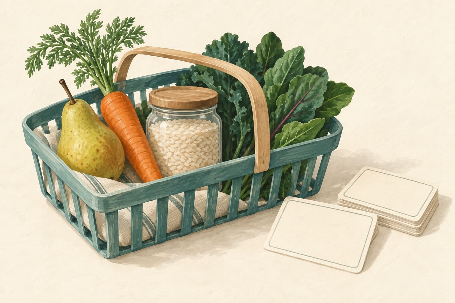A basket contains a pear, carrot, rice and greens beside food-reference cards. It represents a food library, not foods that are safe or suitable for everyone.