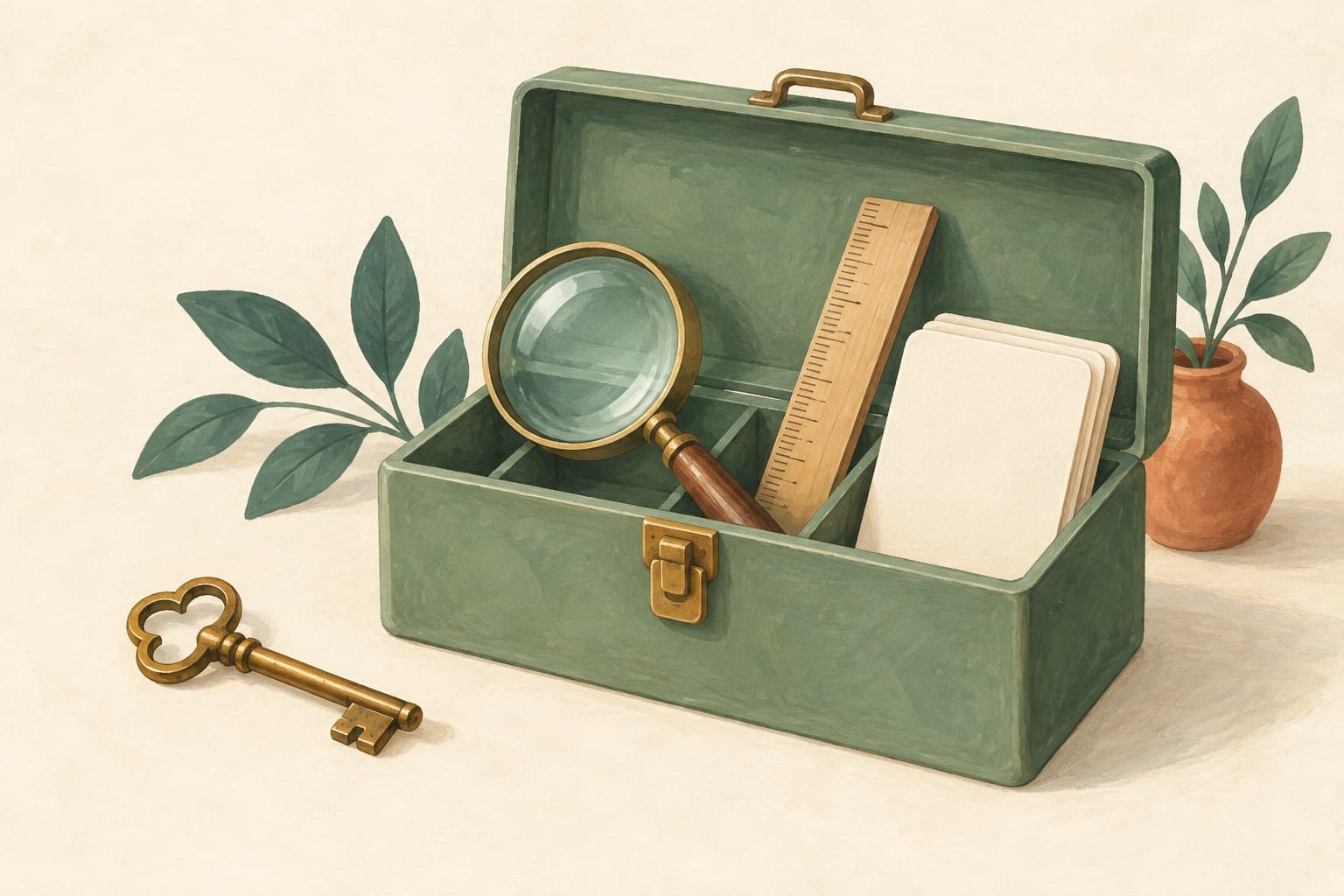 A key beside an open toolbox with a magnifying glass, ruler and record cards represents additional organisational tools.