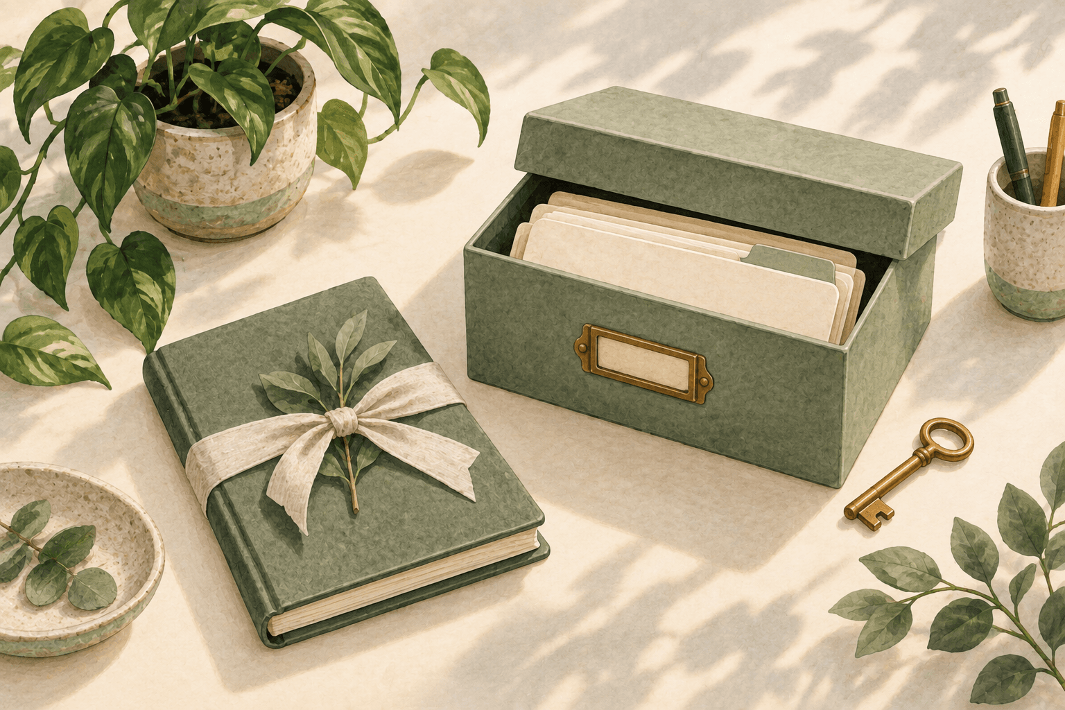 A notebook, folders and a key beside a box for keeping records.