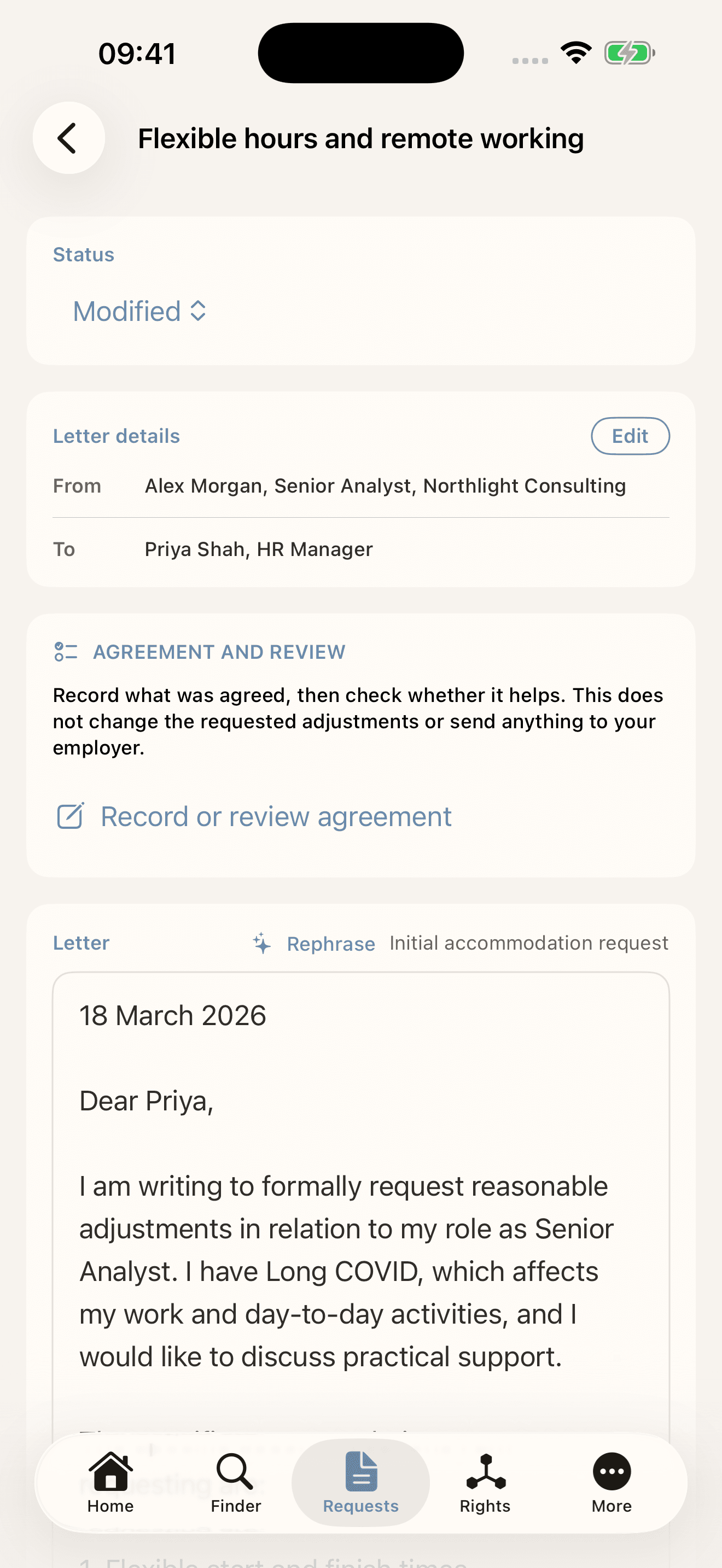 Accommodated: keep the request and its progress together