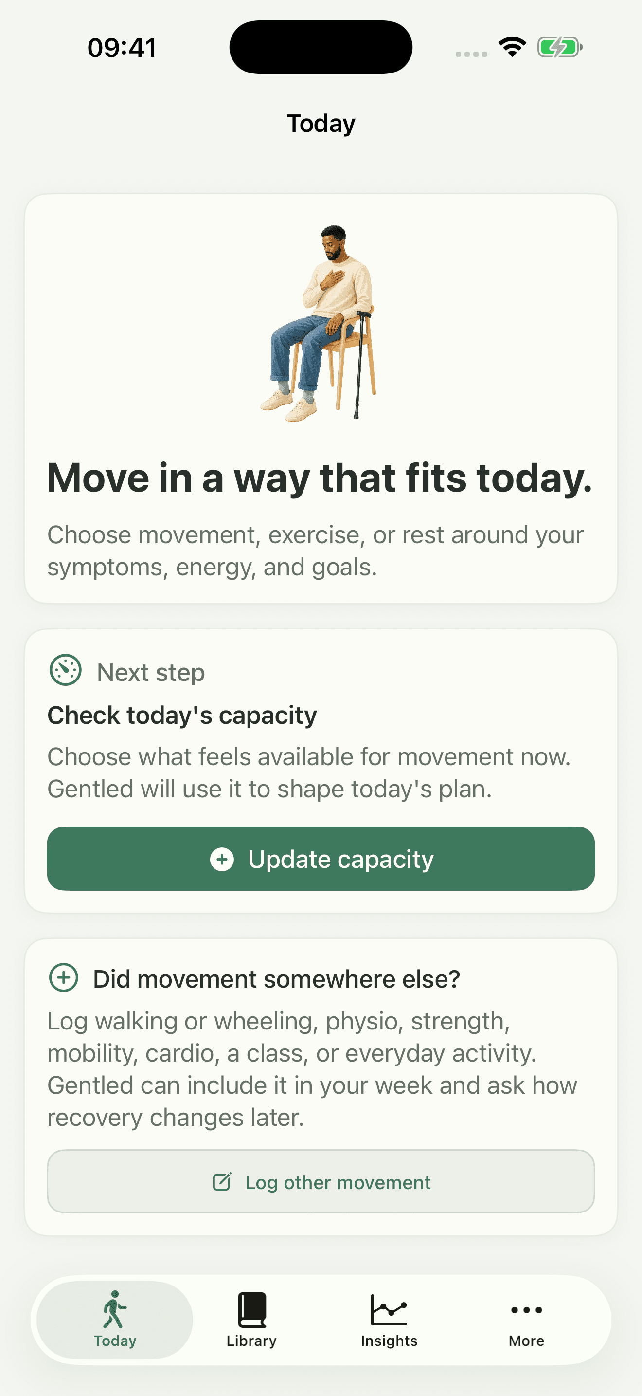 Gentled movement session preparation with demand, equipment and illustrated setup