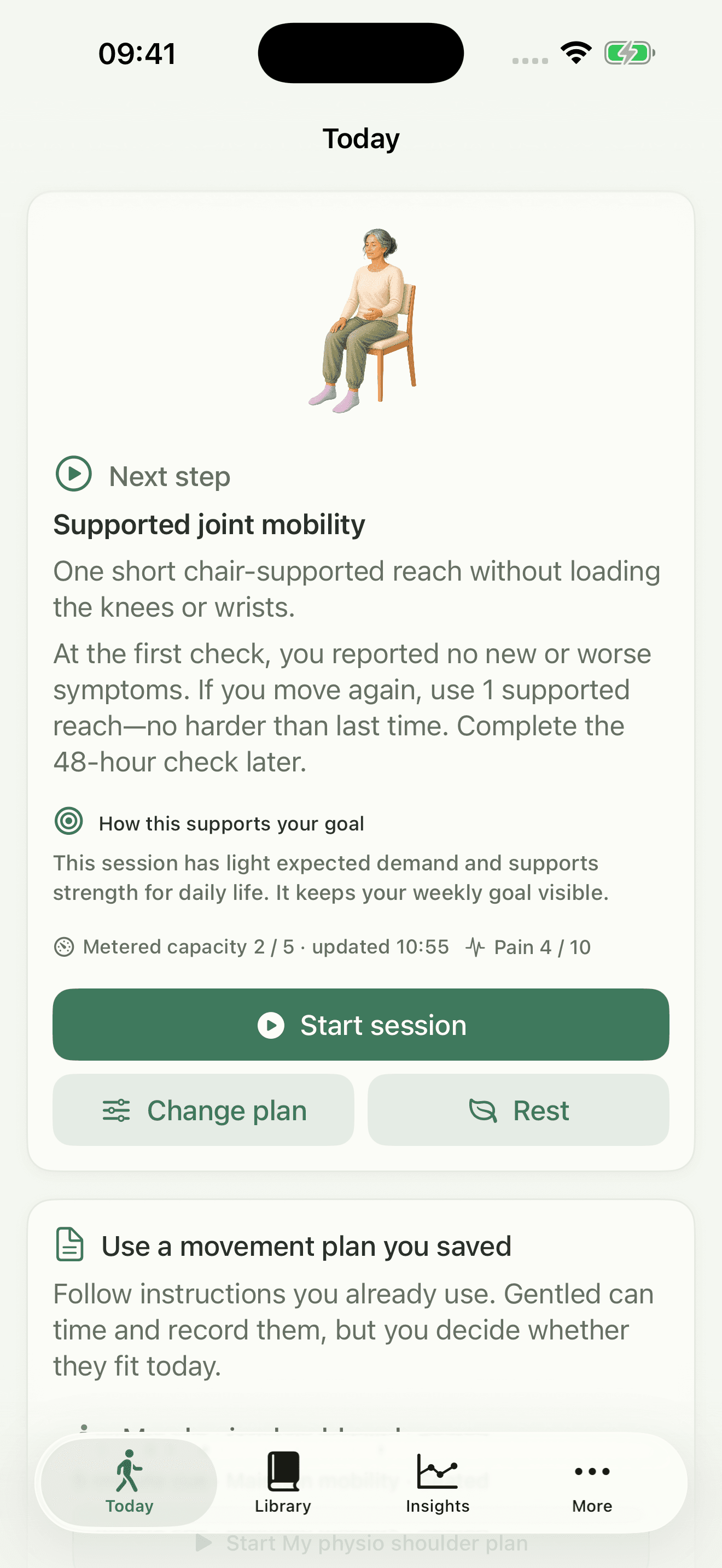 Gentled Today view with a movement option and rest controls